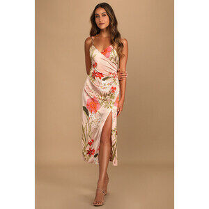 Lulus Remarkable Entrance Pink Floral Print Satin Midi Dress - Size S